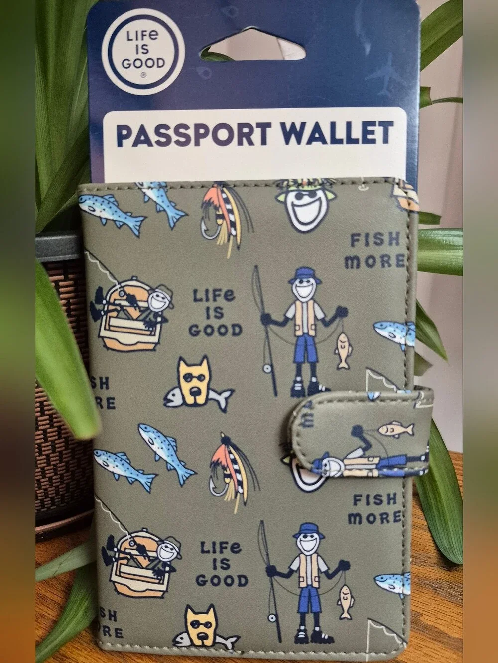 Life Is Good Olive Green Fishing Passport Holder with Blue & Yellow Accents. NEW